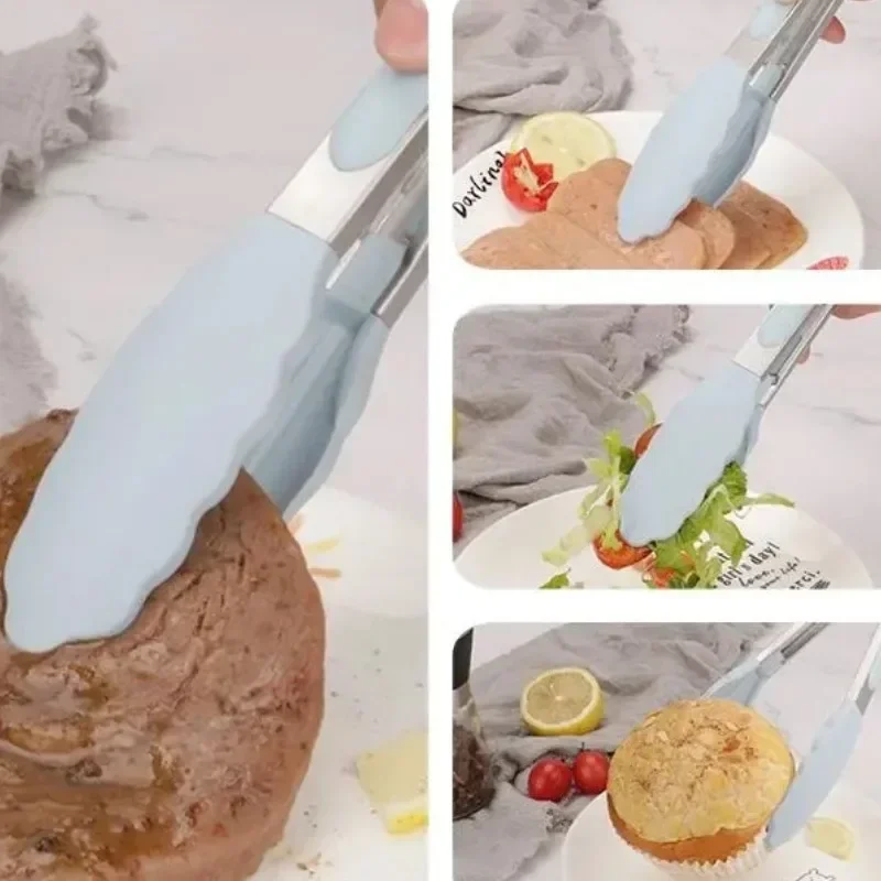 Silicone Kitchen Food Tong Stainless Steel Non-slip Grill BBQ Tongs Meat Camping Barbecue Frying Food Clips Clamp