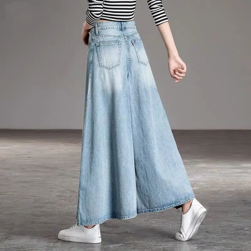TAFN mom jeans High Waist Wide Leg Pants Women Spring Autumn Tall and Flowing Skirt Pants Washed Denim Trousers jeans for women