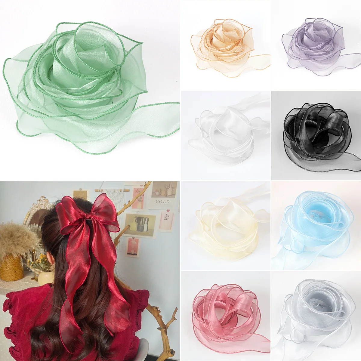 4CM*1M Sheer Wired Organza Ribbons with Golden Edge Chiffon Ribbon for DIY Gift Wrapping Wedding Bouquet Christmas Decoration