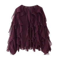 YENKYE New 2025 Women Sexy Semi-sheer Ruffle Shirt Long Sleeve V Neck Front Button Autumn Blouse Burgundy Blusas Mujer - Image 4