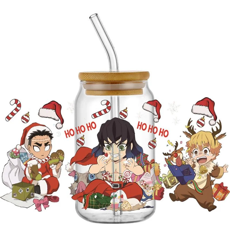 cartoon Demon Slayer 16OZ UV DTF Cup Wrap Transfer Stickers Labels christmas DIY Waterproof For Libbey Glass Can