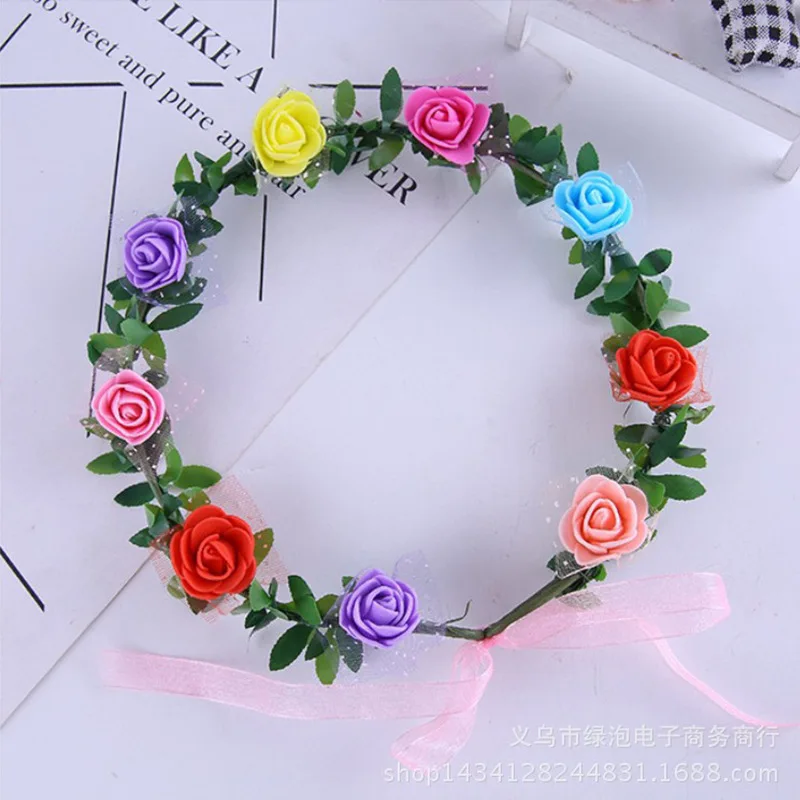 

Elegant Girls Spring Bohemian Pearl Crowns Beach Hawaii Floral Garland Romantic Faux Rose Bridal Wedding Wreaths Flower Headband