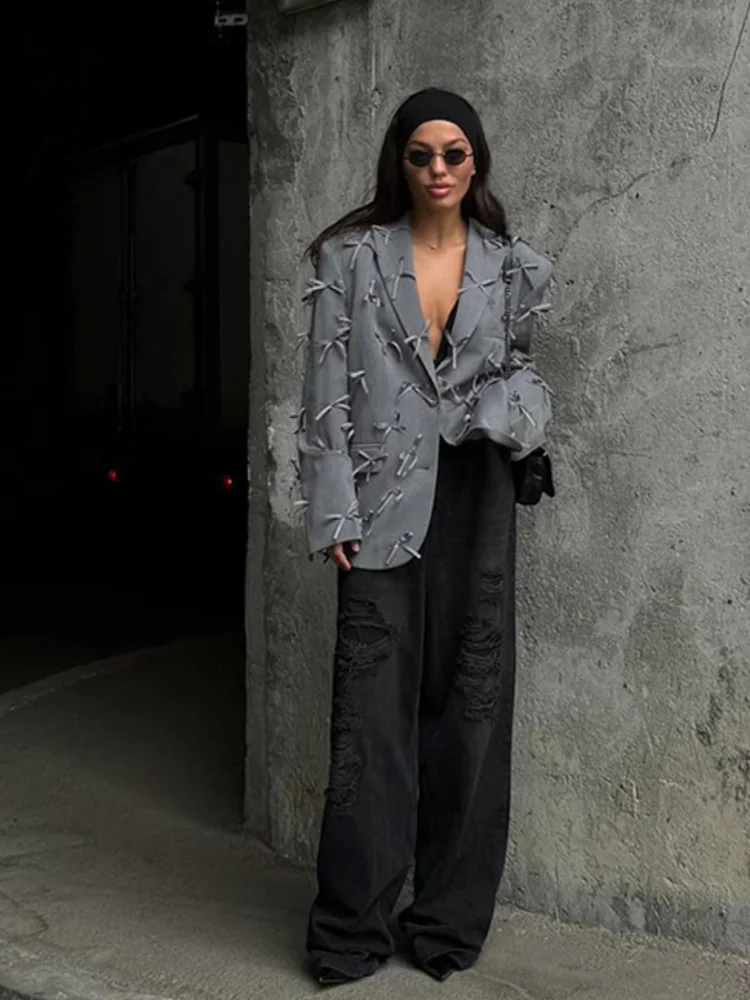 thumbnail image 2 of Chaqueta de traje con bolsillos y solapa para mujer, abrigo holgado de un solo pecho con lazo 3d, color gris, elegante, ropa de oficina para viaje, novedad de 2024, 2 of 5