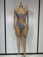 Women Sparkly Rhinestones Mesh See Throug Bodycon Jumpsuit Stage Performance Costume Nightclub Party Luxury Birthday Outfit