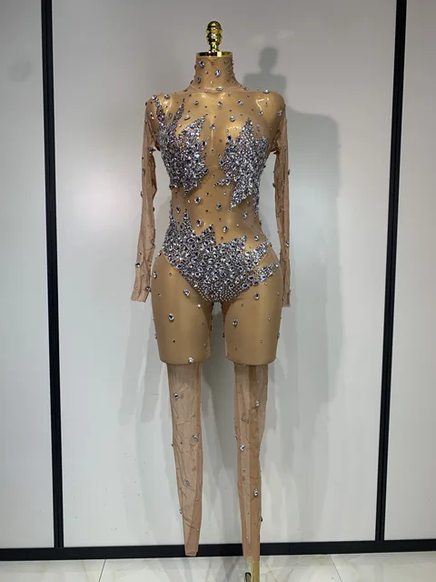 Women Sparkly Rhinestones Mesh See Throug Bodycon Jumpsuit Stage Performance Costume Nightclub Party Luxury Birthday Outfit