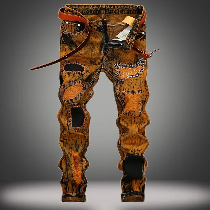 Autumn Men Orange Ripped Patchwork Jeans No Belt Personalized Fashion Vintage Denim Trousers Motorcycle Streetwear men jeans,ripped jeans,ripped patchwork jeans