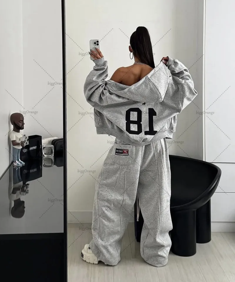 High Street American Retro Streetwear Women's Suit Two-piece Set Trendy Harajuku Zipper Hoodie Casual Splicing Grey Sweatpants 3