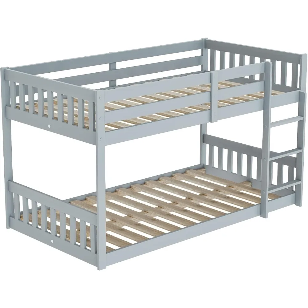 Children Beds, Twin Over Twin Bunk Bed for Kids Children Teens, Solid Wood Bunk Bed Frame with Ladder and Guard Rail Space 3