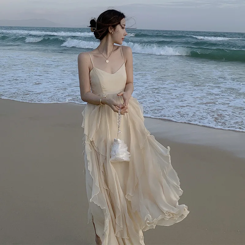 

2023 New Casual Chiffon Summer Dress Female Seaside Holiday Dress Super Fairy Sling Bali Beach Dress