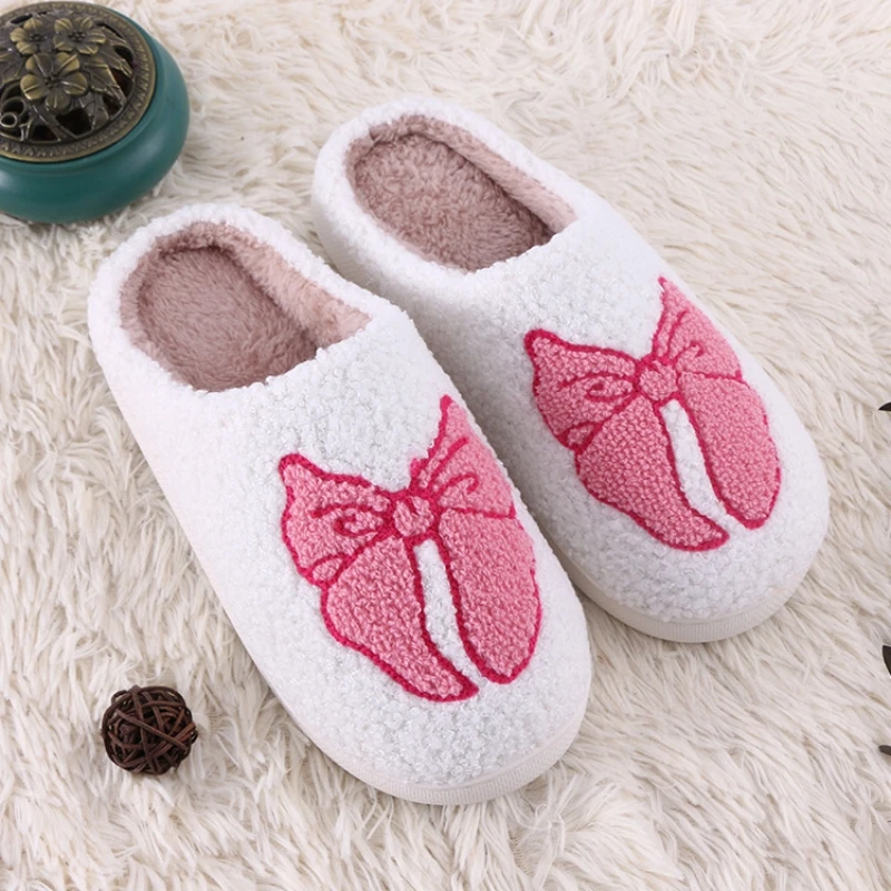Women's Lovely Pretty Bow Flowers Slippers Men Cartoon Soft Warm Sandals Females Cute Plush Cotton Flat Slides For Autumn Winter 3