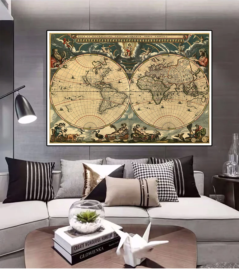 Vintage World Map with Medieval Latin Portuguese Decor Wall Art Poster 150*100cm Living Room Home Decoration School Supplies