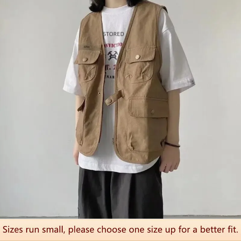  Retro Japanese Workwear Vest Multiple Pockets Autumn Trendy Thin Design Jacket 