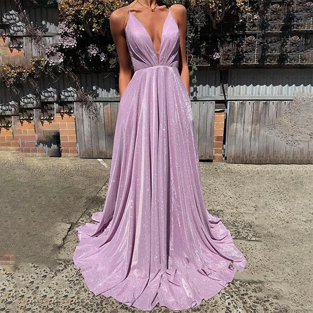 

Gorgeous Spaghetti-Straps A Line Long Prom Dress Sexy Sequins V-Neck Open Back Evening Party Dresses