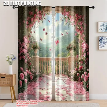 2 pezzi, tende primavera estate Rose Balcone Montagna Farfalla Vista Luce Filtraggio Tende trasparenti Tessuto in poliestere versatile 1