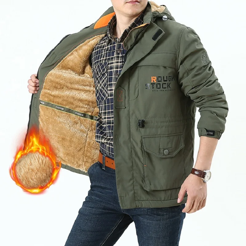 Winter Jacket Men Fashion Thickened Detachable Hood Warm Jackets Outdoor Sports Multi-pocket Tooling Padded Coats Men Parkas