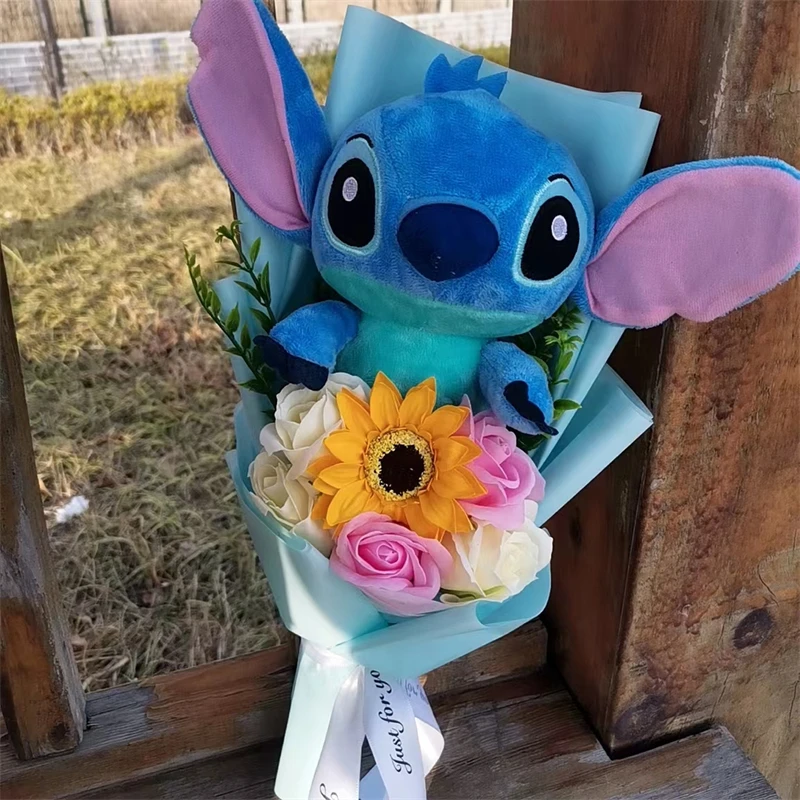 Anime Lilo & Stitch Plush Bouquet With Sunflower Soap Rose Flower Bouquet Cartoon Stuffed Valentine's Day Christmas Birthday Gif