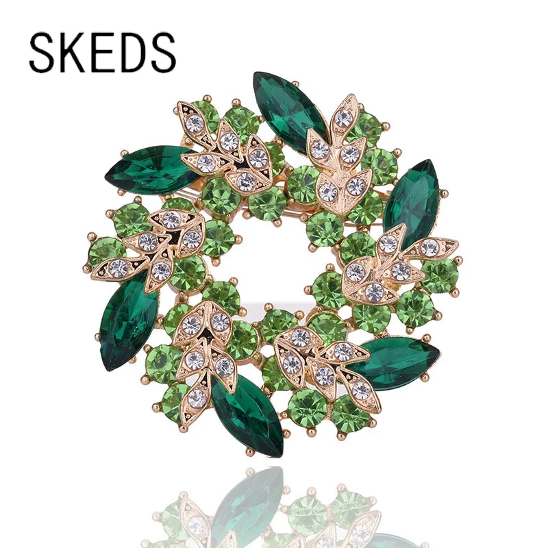 Sparkly Green Crystal Flower Brooch Pin For Women - Gold Tone Bridal Wedding Jewelry Gift