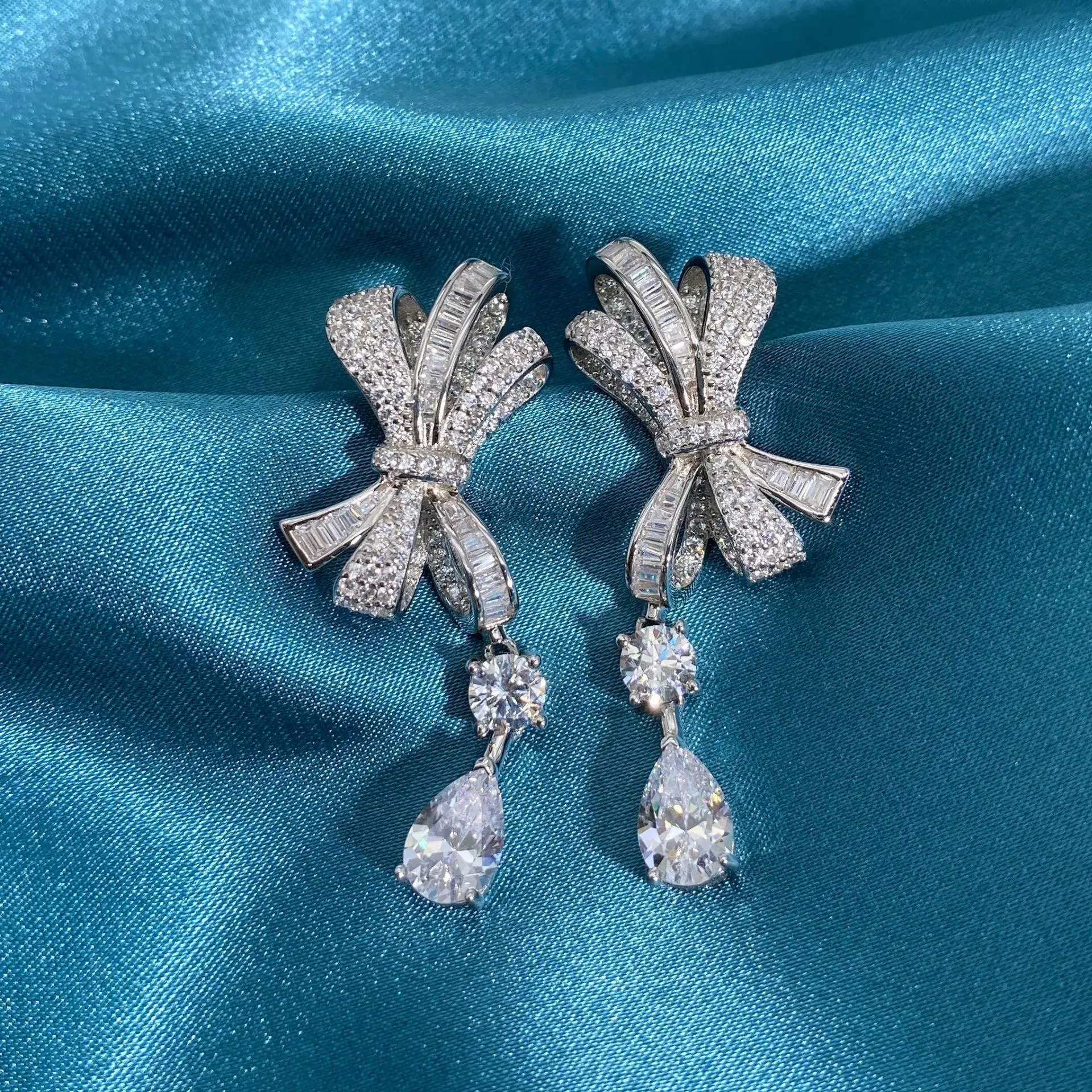 

Bowknot Original 925 sterling silver Dangle Earring Diamond Jewelry Party Wedding Drop Earrings for Women Bridal Promise Gift