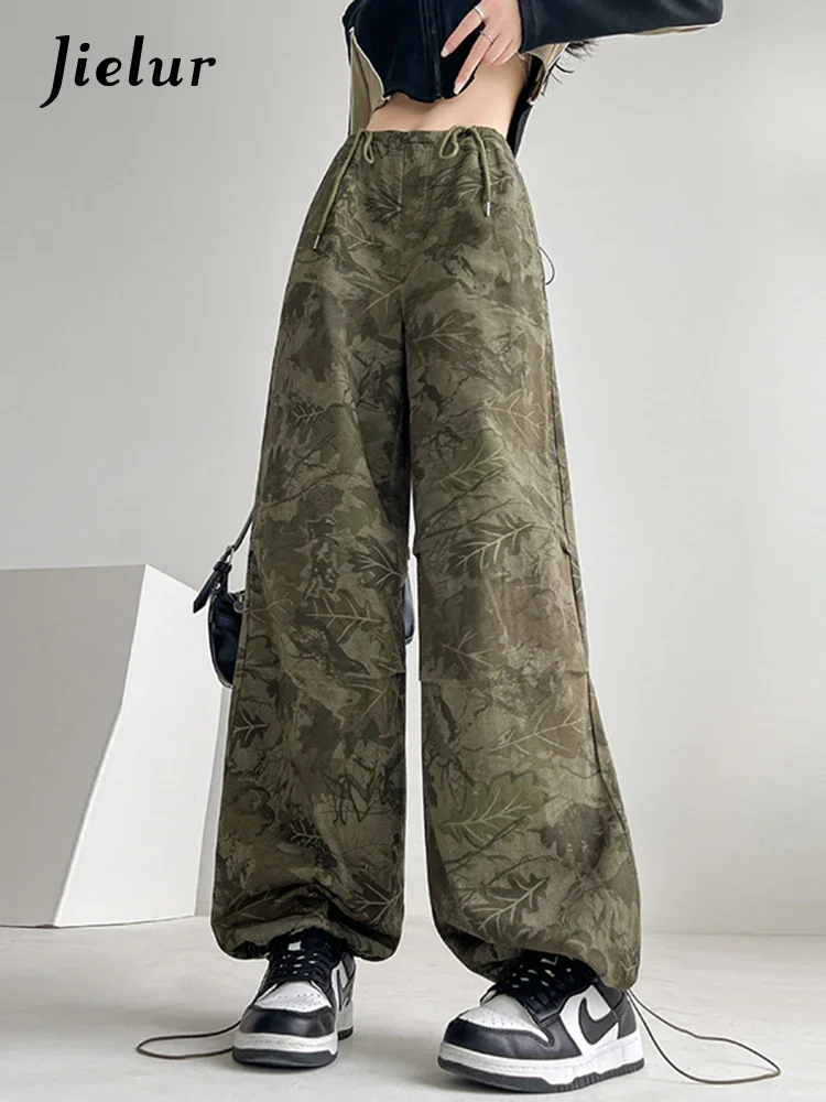 Jielur American Sexy Drawstring Fashion Female Cargo Pants High Street Camouflage Chic Pockets Slim Loose Green Women Trousers qoerlin chic women s high waist pockets straight leg jeans leather look pants black coffee streetwear loose casual trousers pu