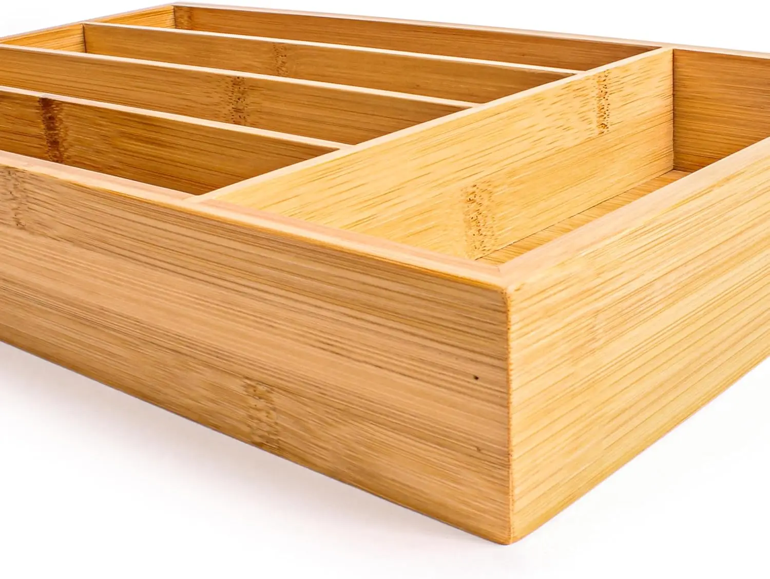 Bamboo Flatware Organizer 5-slot, 13.5" x 8.25", Natural, Fit in any size of drawer, great for spoons, forks, knives, scissors, 4