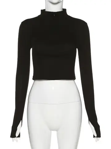 2021 Spring New Simple Bodycon Ribbed Knitted Zipper Tees Shirt Crop Top Casual Streetwear Elegant Solid Short Top Woman