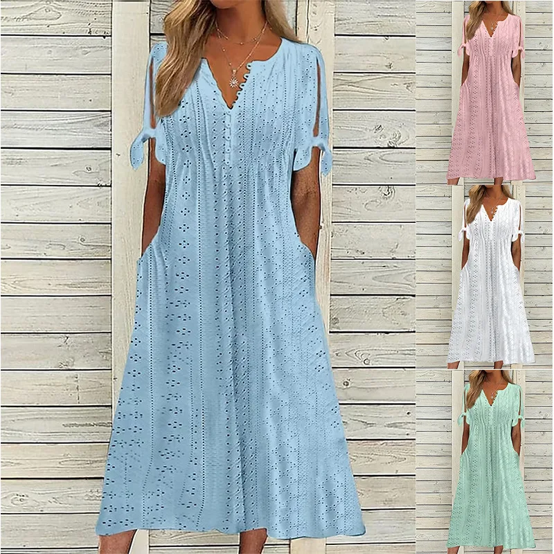 

Trendy Embroidery Hollow Bow Pockets Elegant Party Dresses for Women Summer Solid V Neck Short Sleeve Beach Midi Dress Vestidos