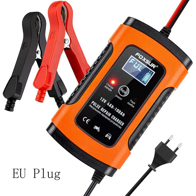 12V 7-Stage Pulse Repairing Charger with LCD Display Motorcycle & Car Battery Charger AGM GEL WET Lead Acid Battery Charger EU plug Red