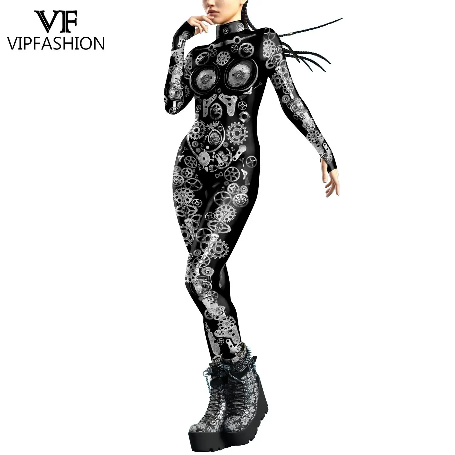 VIP FASHION Punk Zentai Bodysuit Woman Party Costume Halloween Festival Catsuit Front Zipper Jumpsuit Outfit with Thomb Sleeves