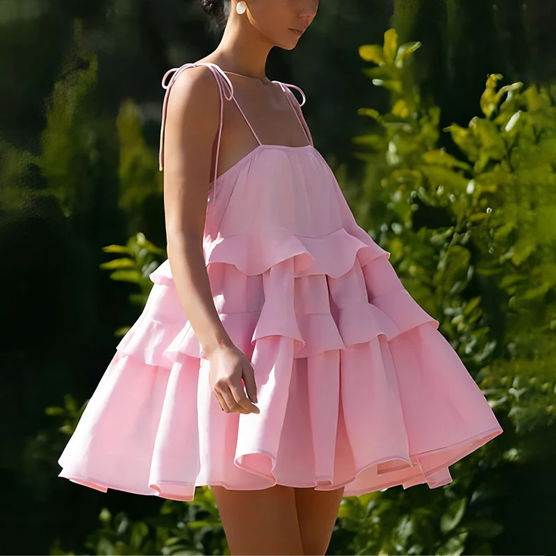 

TARUXY Multi-Tiered Ruffle Cake Dress Short Backless Suspender Dress Woman Summer Fashion Solid Sweet Girl Birthday Party Dress