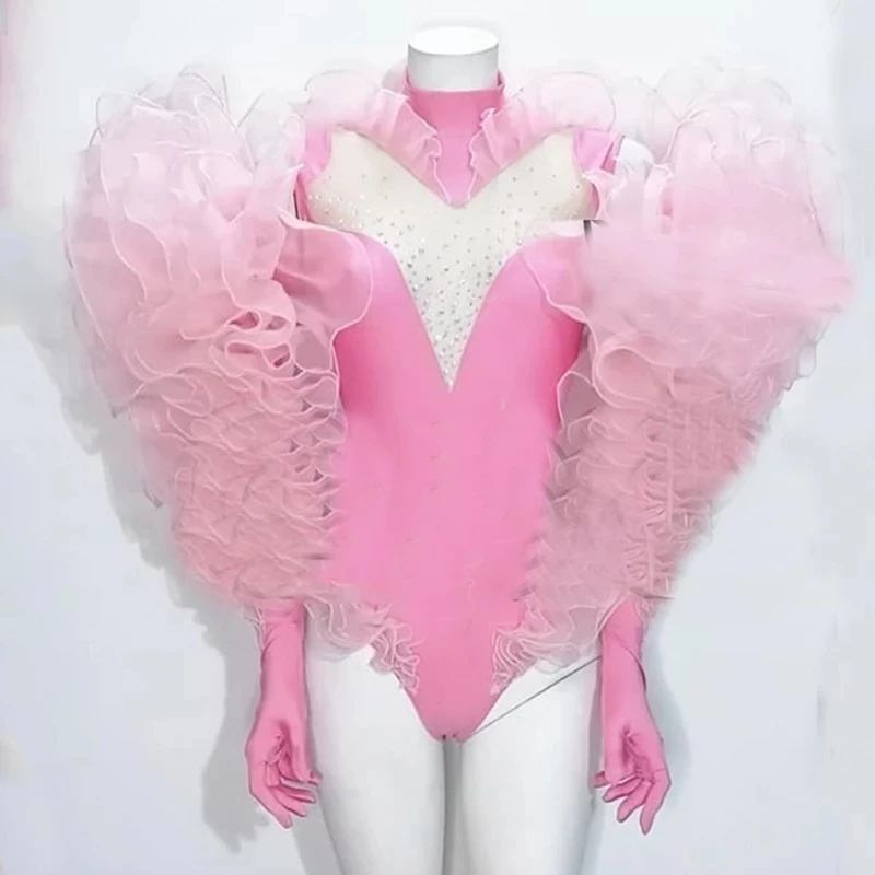 

Sexy Fluorescent Pink Lace Puff Sleeves Bodysuit Party Club Birthday Gogo Outfits Modern Dance Singer Stage Show Costume