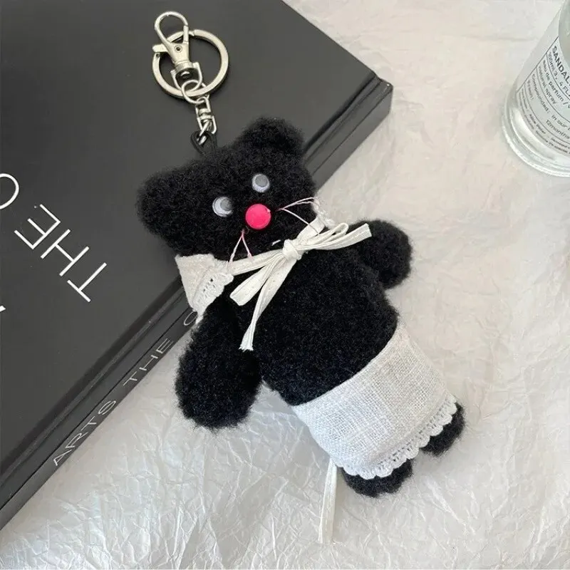 귀여운 검은 곰 앞치마 헤드 커버 봉제 키 체인, 귀여운 배낭 펜던트, 패션 자동차 열쇠 고리, 남아 및 여아 가방 액세서리, 2024