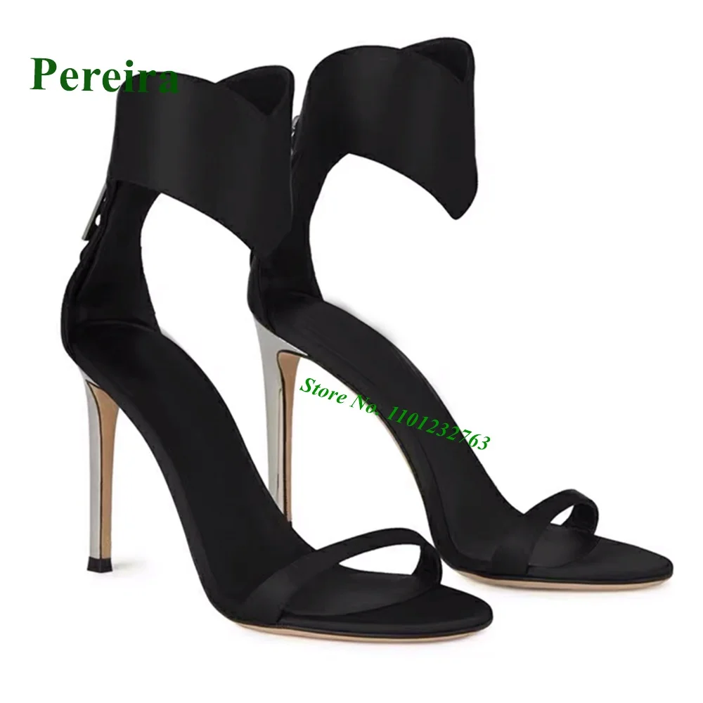 Black Satin Zip Sandals 2022 New Stiletto Heels Open Toe Summer Sexy Shoes for Women Ankle Strap One Strap Solid Elegant Party