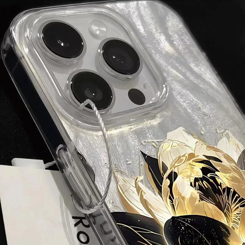 Elegant Pink Peony Lotus Print Shockproof Phone Case with Silver Plated Cover