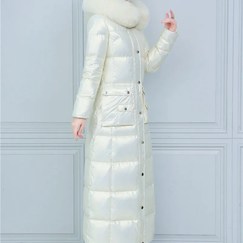 2023 New Women Down Jacket Winter Coat Female Mid Length Version Parkas Thick Warm Slim Fit Outwear Hooded Fur Collar Overcoat