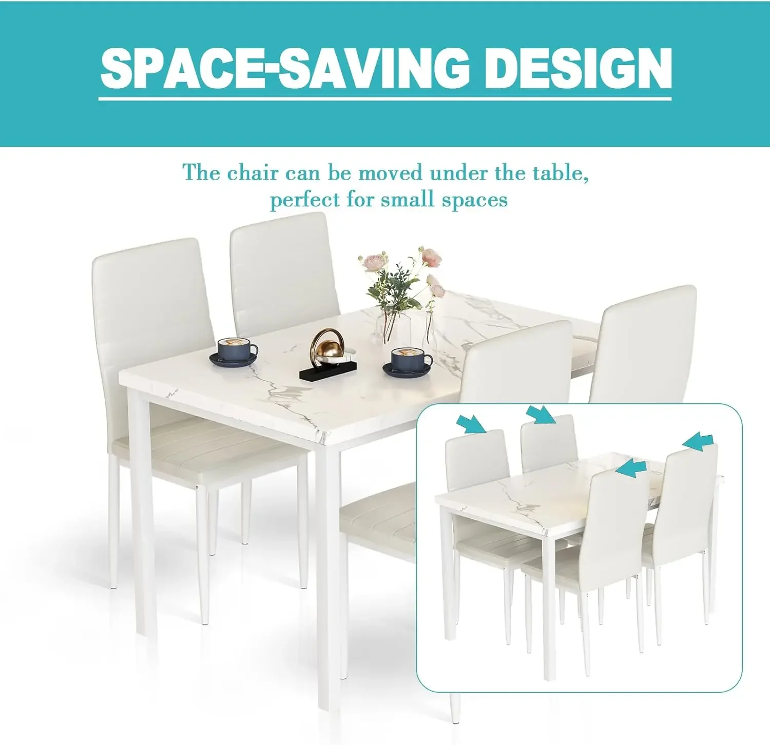 Dining Table Set for 4 Marble Kitchen Table and Chairs for 4, Comfortable PU Leather Chairs,Dining RoomTable Set for Small Space 4