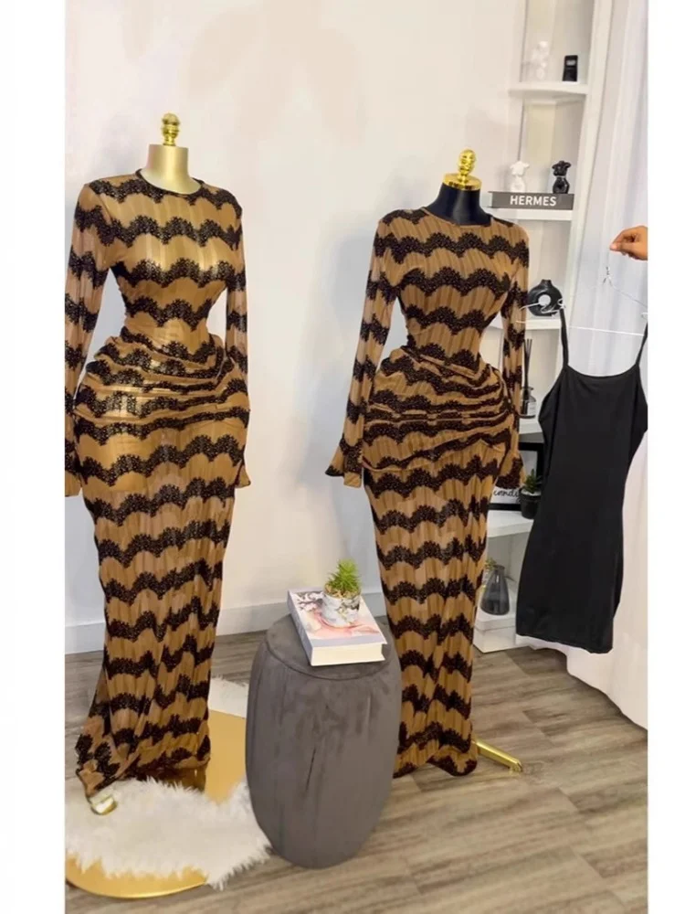 Wmstar Dress Women Wholesale 2025 Cross Border Striped Long Sleeved High Waisted Sexy Vacation Two Pieces Including Innerwear