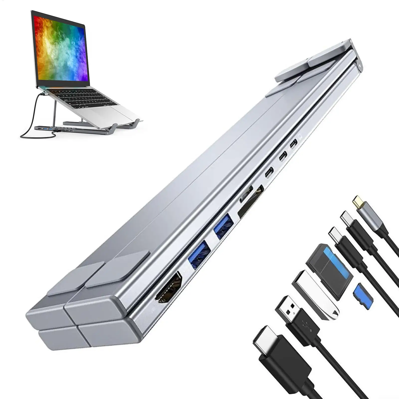USB 포트가 있는 노트북 스탠드 8 in 1 USB C 허브 통풍 냉각 스탠드 휴대용 노트북 거치대 (가정 사무실 업무 게임용)