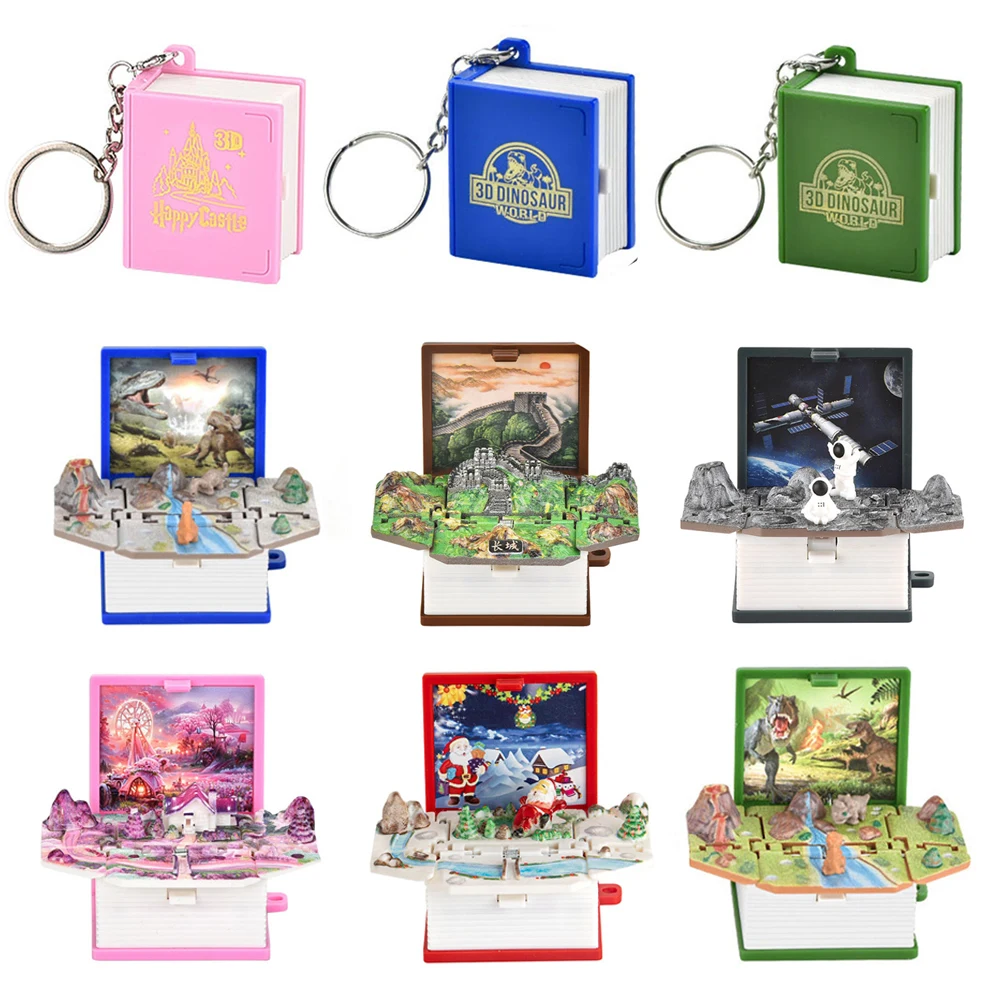 3D Folding Book Keychain Children Toy Birthday Gift Funny Dinosaur Castle Keyring Fashion Bag Pendants Mini Keychain Ornaments