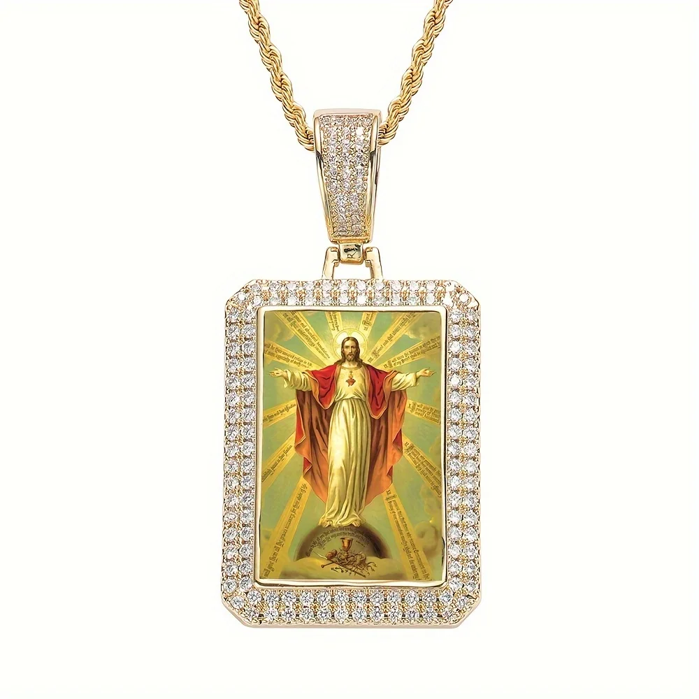 18KGoldPlatedLuminousJesusSquareZirconPendantNecklacesVintage