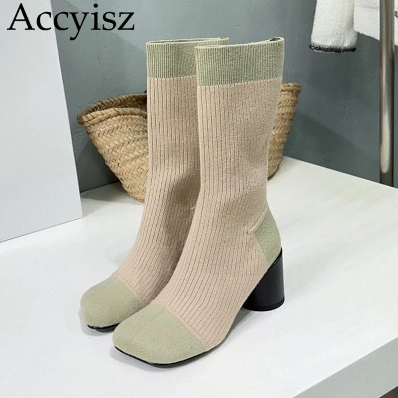 

Square Toe Chunky High Heels Socks Boots Women Elastic Knitting Weave Strange Short Boots Autumn Fashion Boots Mid Calf Botas