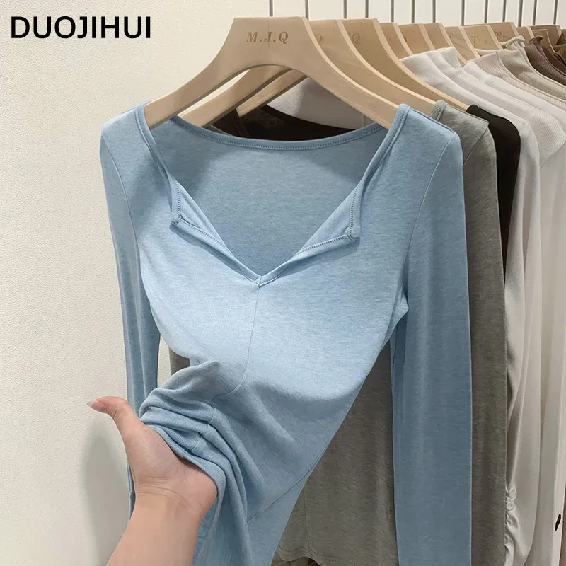 

DUOJIHUI Синие сексуальные Базовые Женские футболки с V-образным вырезом и длинным рукавом осенние классические простые тонкие однотонные модные повседневные женские футболки