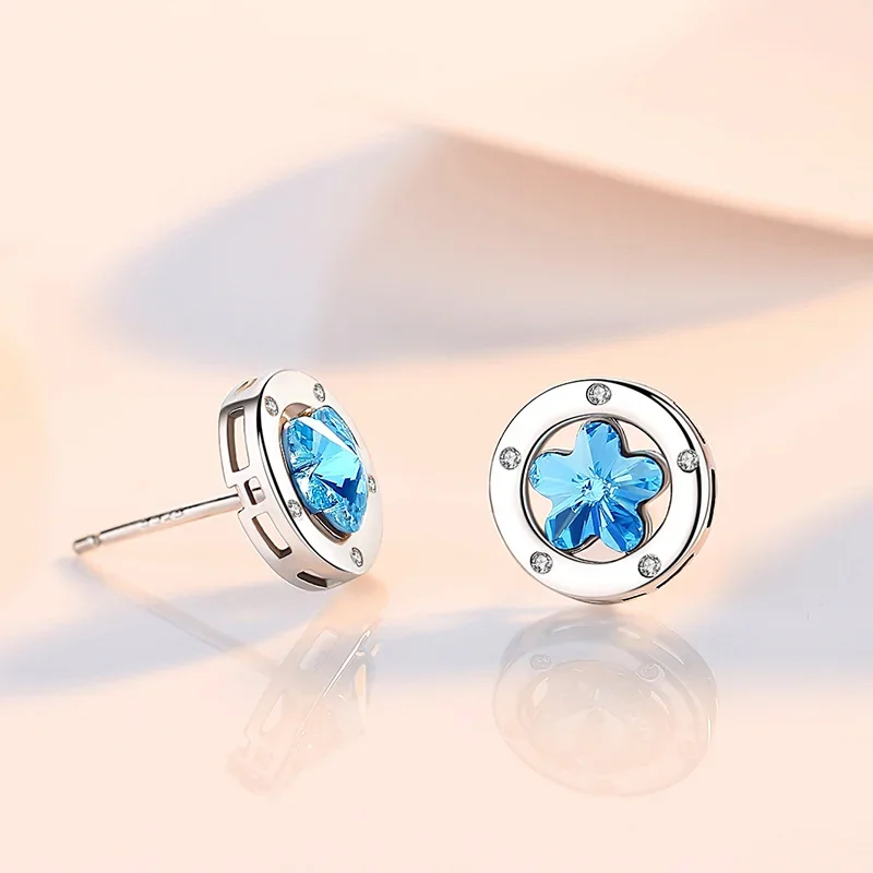 

S925 Sterling Silver Circular Plum Flower Blue Crystal Shiny Women Earring Girl Ear Stud Gentle Light Luxury Hypoallergenic Gift