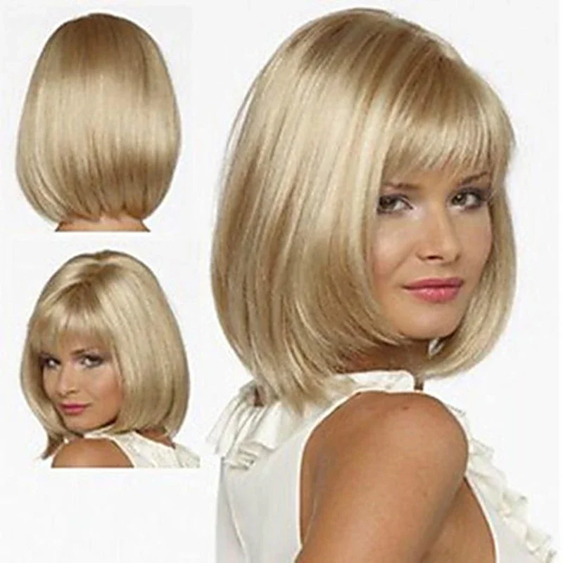 

Women Synthetic Wigs Short Straight Bob Hairstyle Blonde HighLights Hair Wig Heat Resistant Fiber