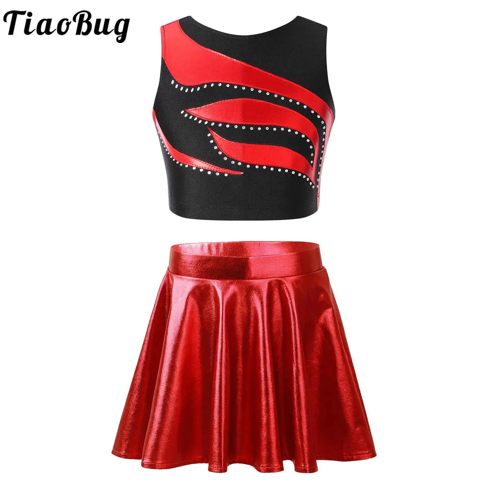 

Kids Girls Latin Jazz Dance Outfit Sleeveless Rhinestone Crop Top with Metallic Skort Skirt Modern Stage Performance Costume