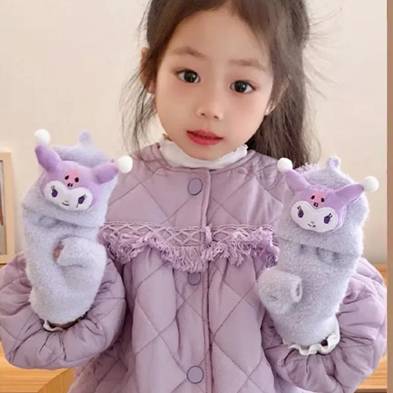 Winter Gloves Kids Knitted Flip Mittens Half Finger Gloves for 5-12 Years Boys Girls
