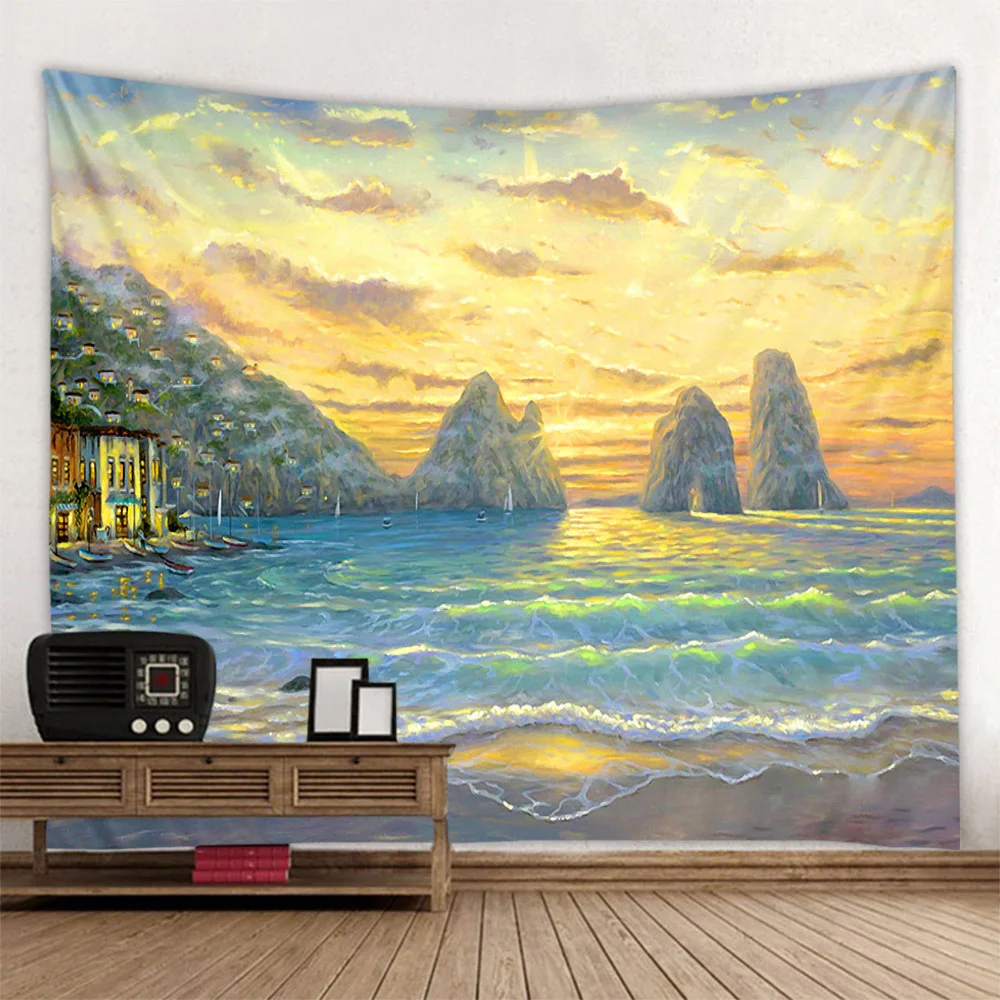 European style sea view oil painting tapestry retro art print wall hanging cloth dreamy hippie bedroom study wall decoration
