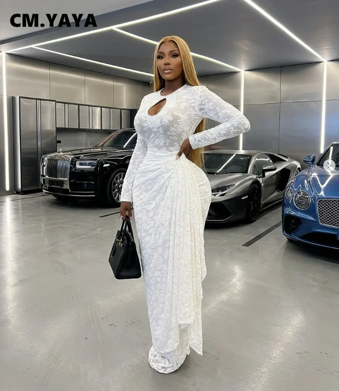 Robe longue moulante CM.YAYA pour femme, col rond, à rubans et fronces, manches longues, collection été 2026, sexy, pour fête d’anniversaire, vacances, robes tendance