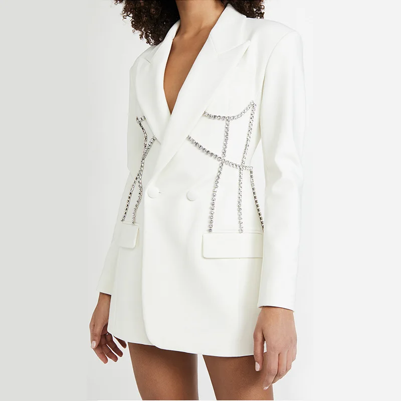 

Модный двубортный блейзер с длинными рукавами и стразами, женский новый весенне-осенний костюм средней длины, куртка, одежда для вечерние s64