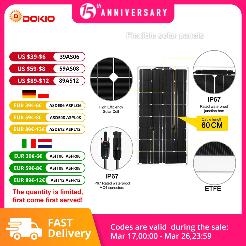 DOKIO DFSP-100M 12V/18V 100W Flexible Solar Panel High Quality Monocrystalline Flexible Panel Solar 100w