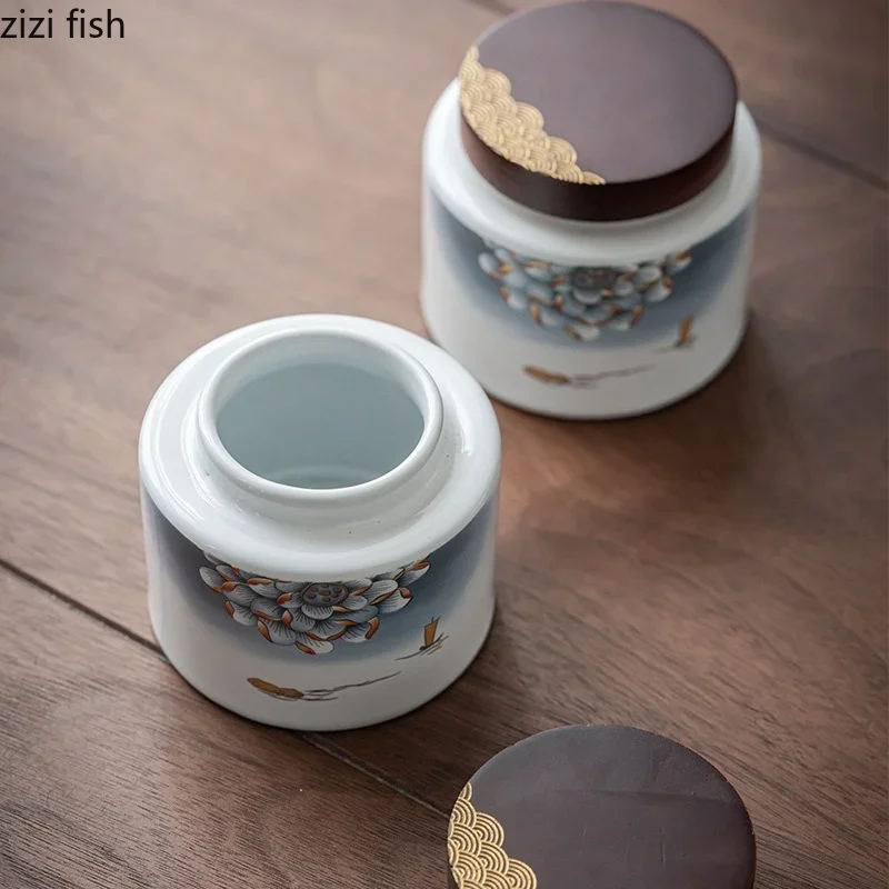 Ceramic Tea Caddy 2 Piece Set Gift Box Wooden Cover Storage Tank Sealed Jar Tea Box Container Candy Jar Can tea tin box,tea canister,ceramic storage jar